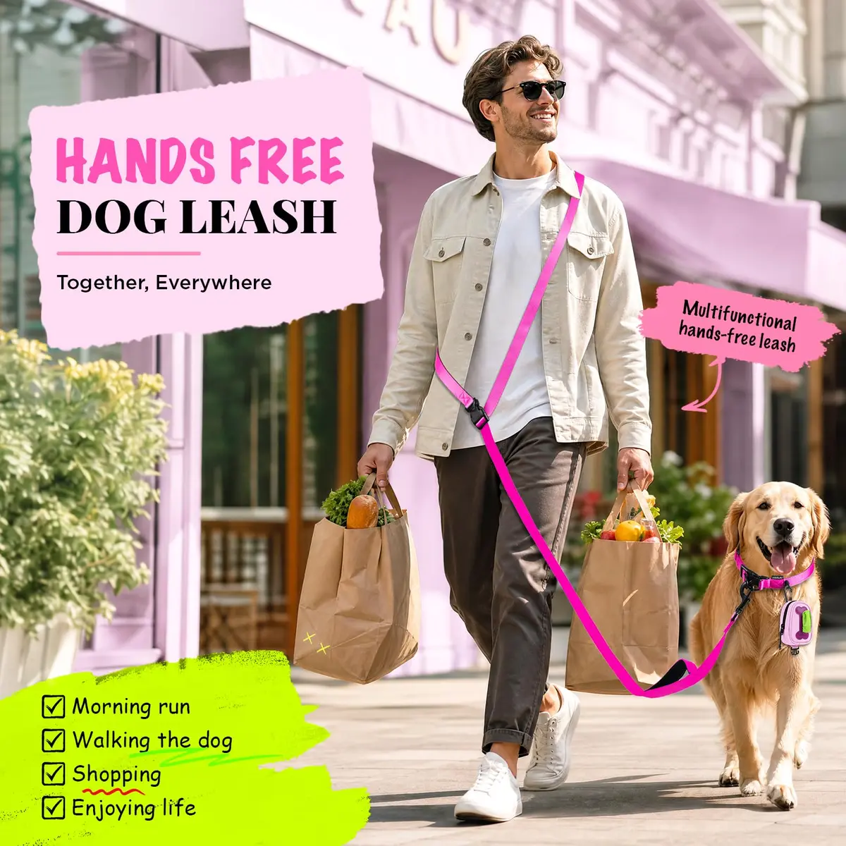 Heelay Hands Free Dog Leash 2.5m (8.2ft) Multifunctional Crossbody Rope with Foam Handle, Pink | Adjustable Training Leash for Medium-Large Dogs - view 7