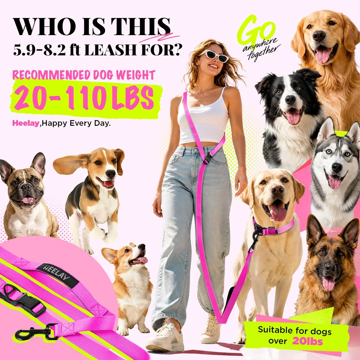 Heelay Hands Free Dog Leash 2.5m (8.2ft) Multifunctional Crossbody Rope with Foam Handle, Pink | Adjustable Training Leash for Medium-Large Dogs - view 2