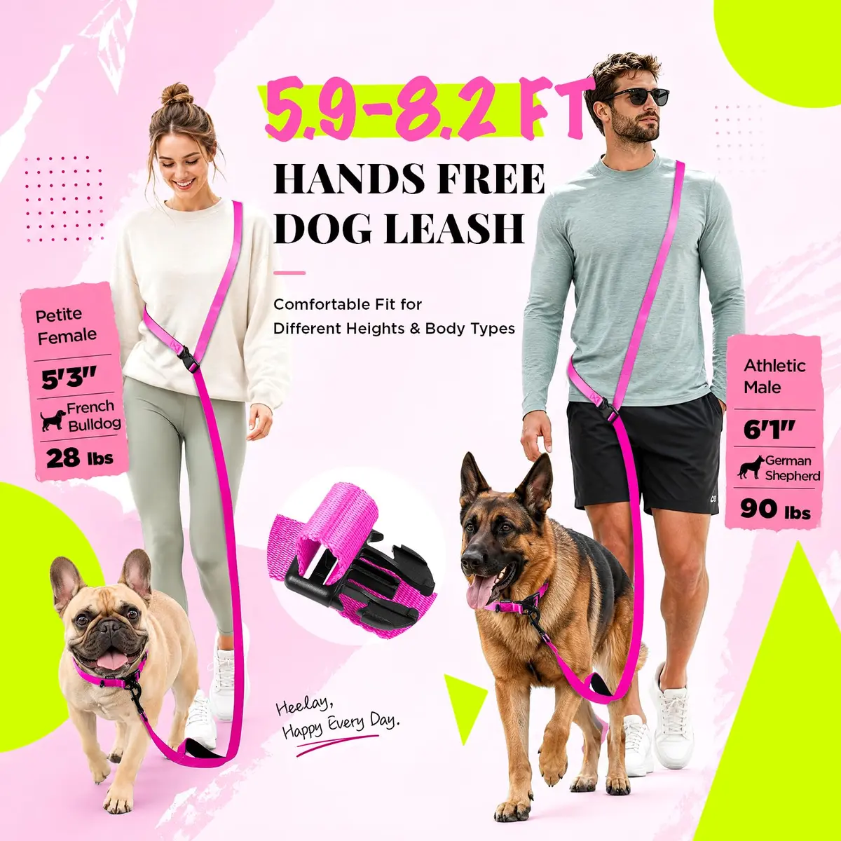 Heelay Hands Free Dog Leash 2.5m (8.2ft) Multifunctional Crossbody Rope with Foam Handle, Pink | Adjustable Training Leash for Medium-Large Dogs - view 3