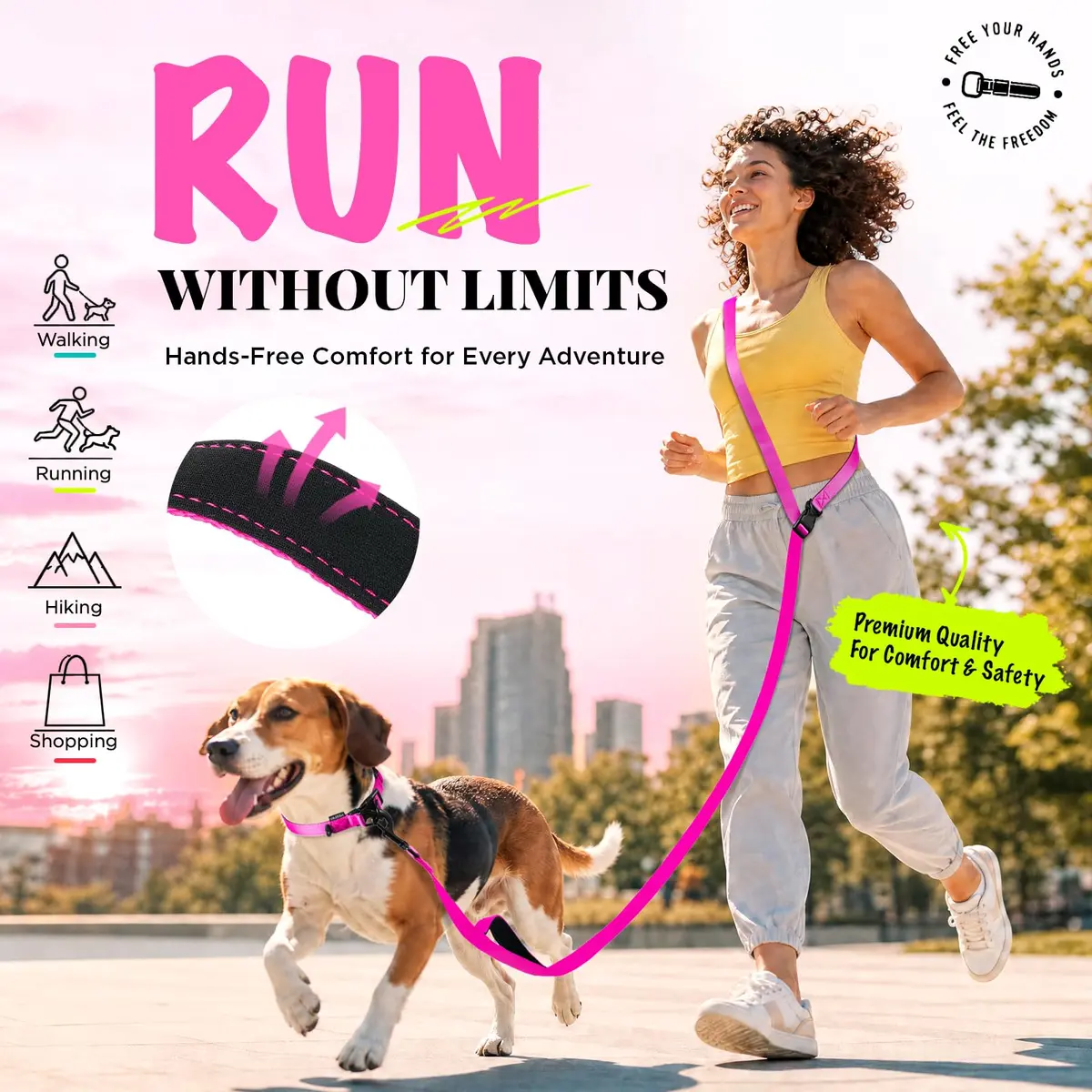 Heelay Hands Free Dog Leash 2.5m (8.2ft) Multifunctional Crossbody Rope with Foam Handle, Pink | Adjustable Training Leash for Medium-Large Dogs - view 4