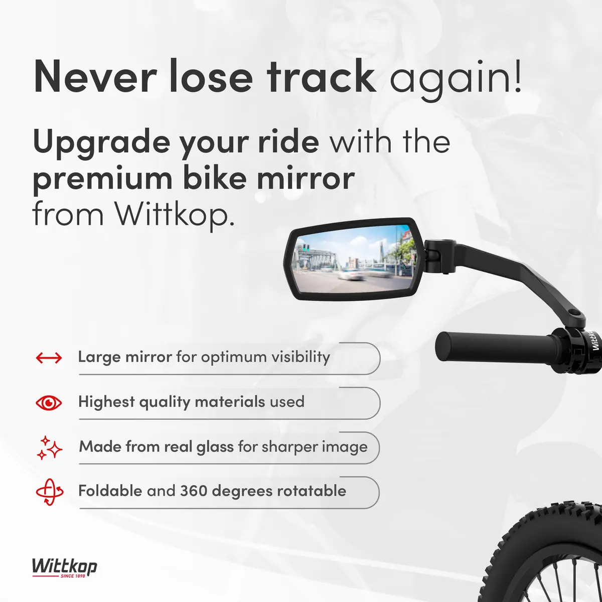 Wittkop Bike Mirror | Large HD Field of Vision | 360° Rotatable & Foldable | Handlebar Mount | Break-Proof & Durable - view 2