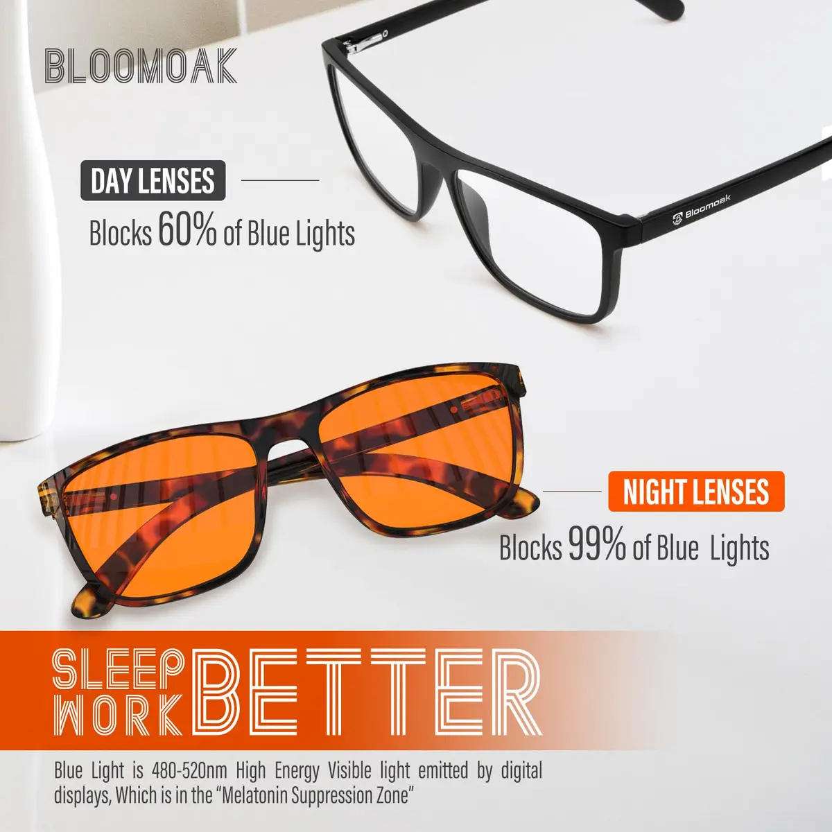 Bloomoak Blue Light Blocking Glasses - Amber Lens - Unisex Adult - 145mm Arm | Filters 99% Harmful Blue Light - view 5