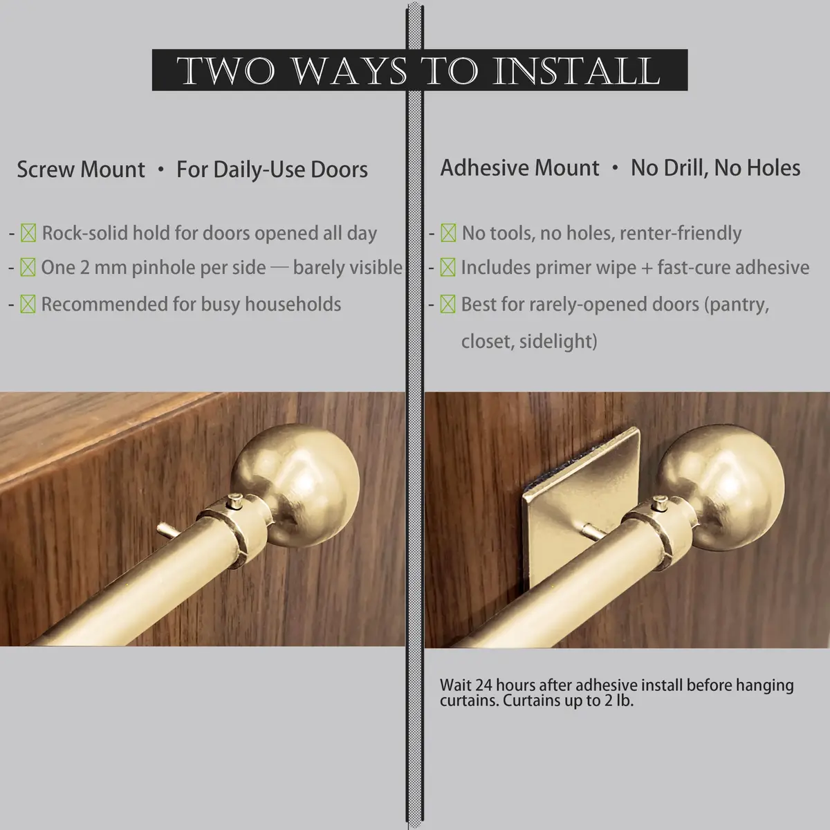 ARNORX 3/8" French Door Curtain Rod, 16-28" Adjustable, Brass Brushed | Lightweight, all-metal design for French doors - view 4