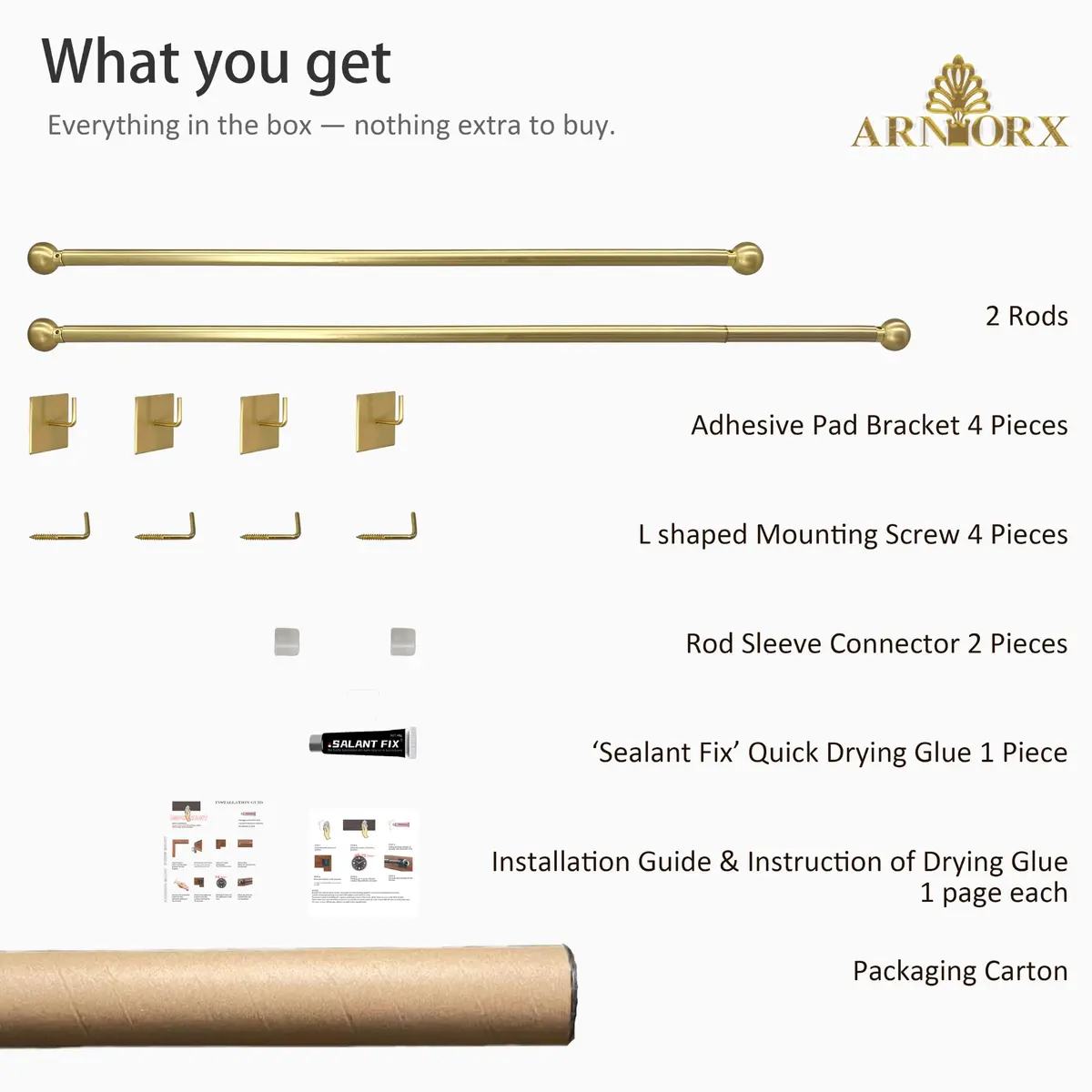 ARNORX 3/8" French Door Curtain Rod, 16-28" Adjustable, Brass Brushed | Lightweight, all-metal design for French doors - view 6