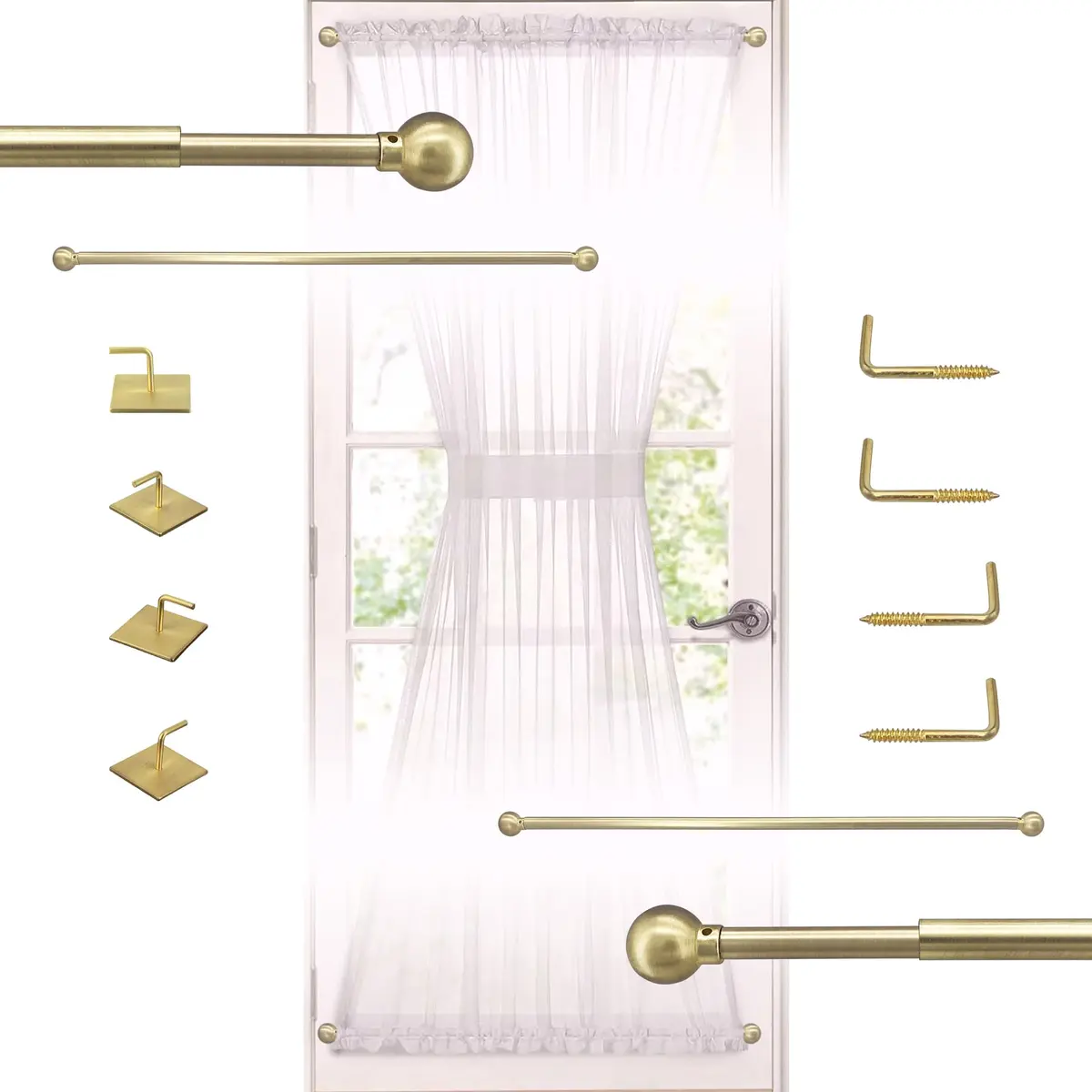 ARNORX 3/8" French Door Curtain Rod, 16-28" Adjustable, Brass Brushed | Lightweight, all-metal design for French doors - main product image