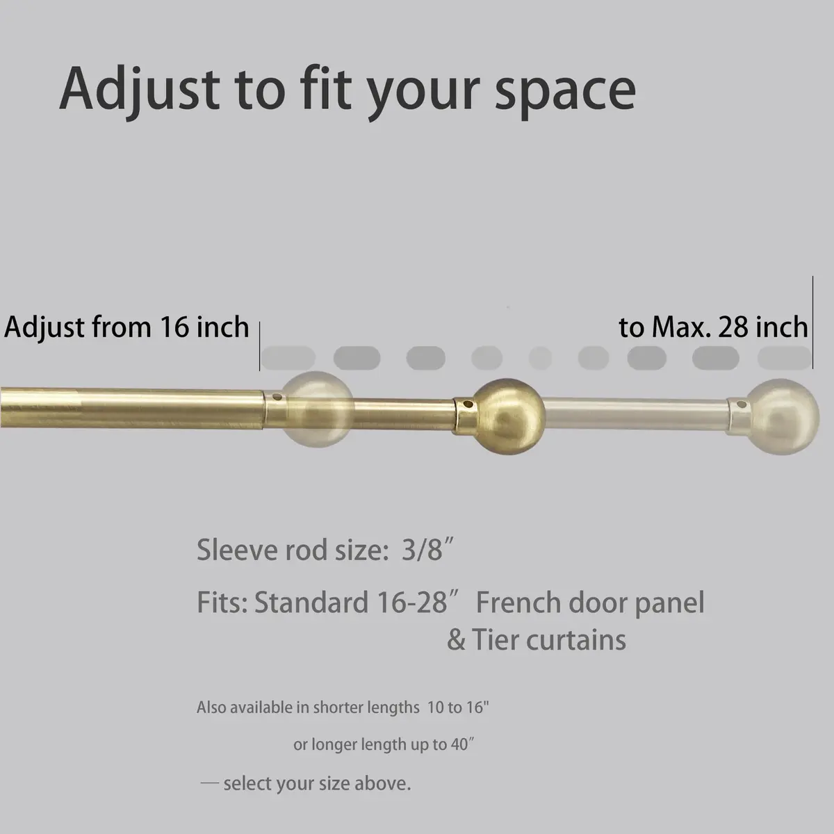 ARNORX 3/8" French Door Curtain Rod, 16-28" Adjustable, Brass Brushed | Lightweight, all-metal design for French doors - view 3