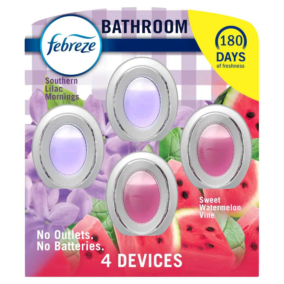 Febreze Bathroom Air Freshener Lilac & Watermelon Scents, 4ct (2 of Each Scent) | Odor-Fighting Plug-In Alternative for Small Spaces - main product image