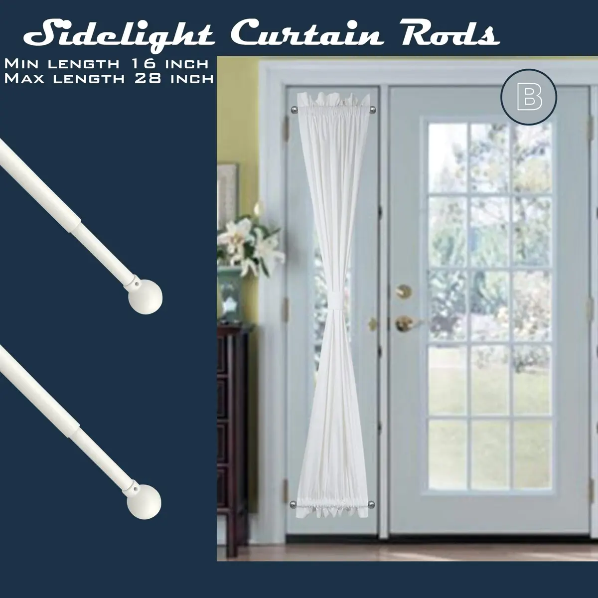 ARNORX Cafe Curtain Rods for French Door 2 Pack, Adjustable 16-28 Inch, 3/8" Diameter, White – Screw Mount & Adhesive - view 3