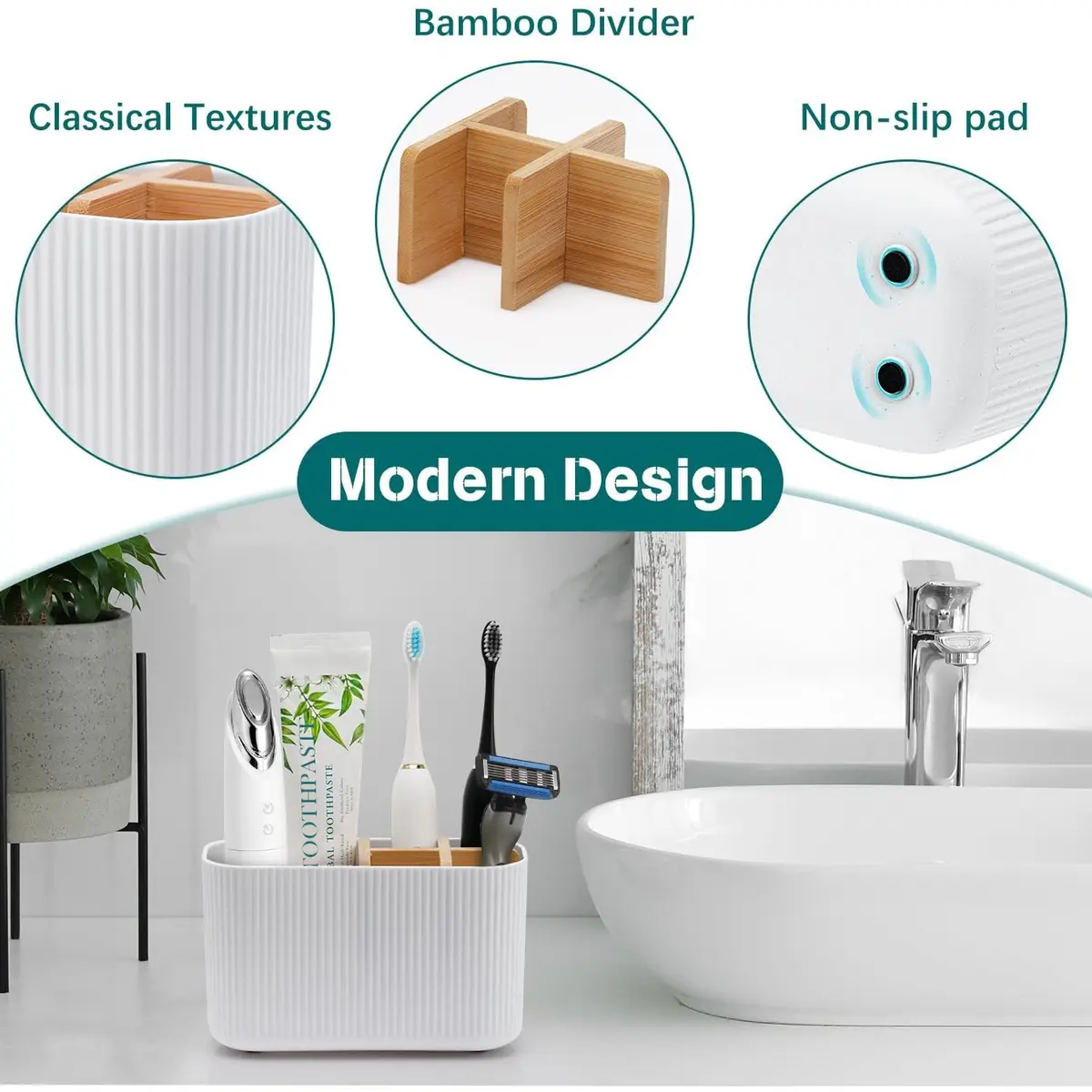 GFWARE White Toothbrush Holder, 5 Slots Bathroom Organizer | Countertop Organizer for Electric Toothbrushes & Toothpaste - view 3