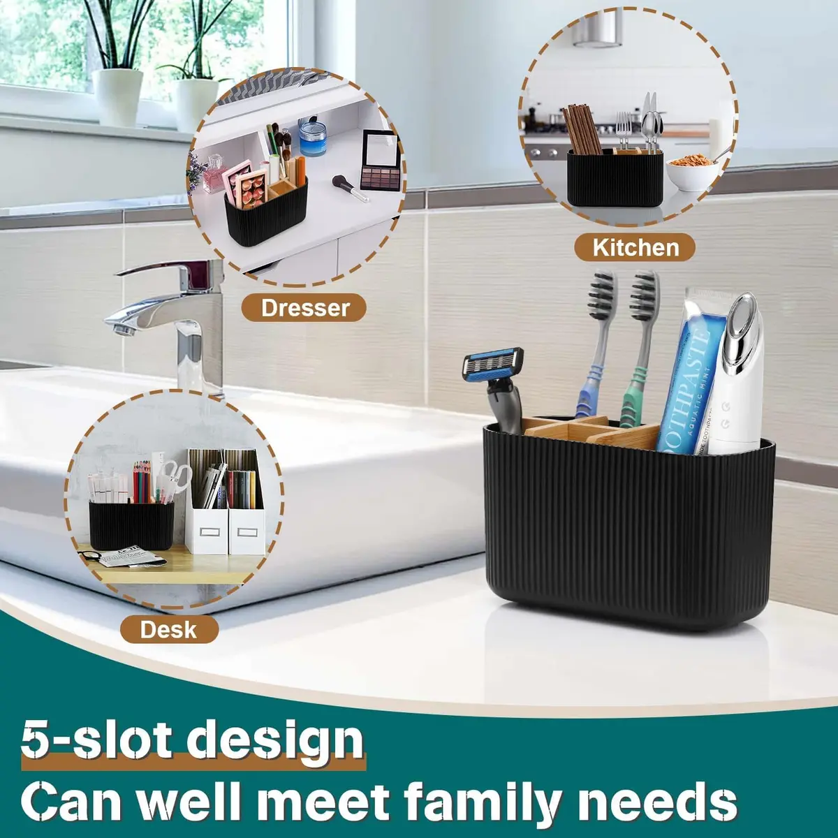 GFWARE Black Toothbrush Holder 5 Slots | Bathroom Organizer Countertop 16.5cm (6.5") - view 7