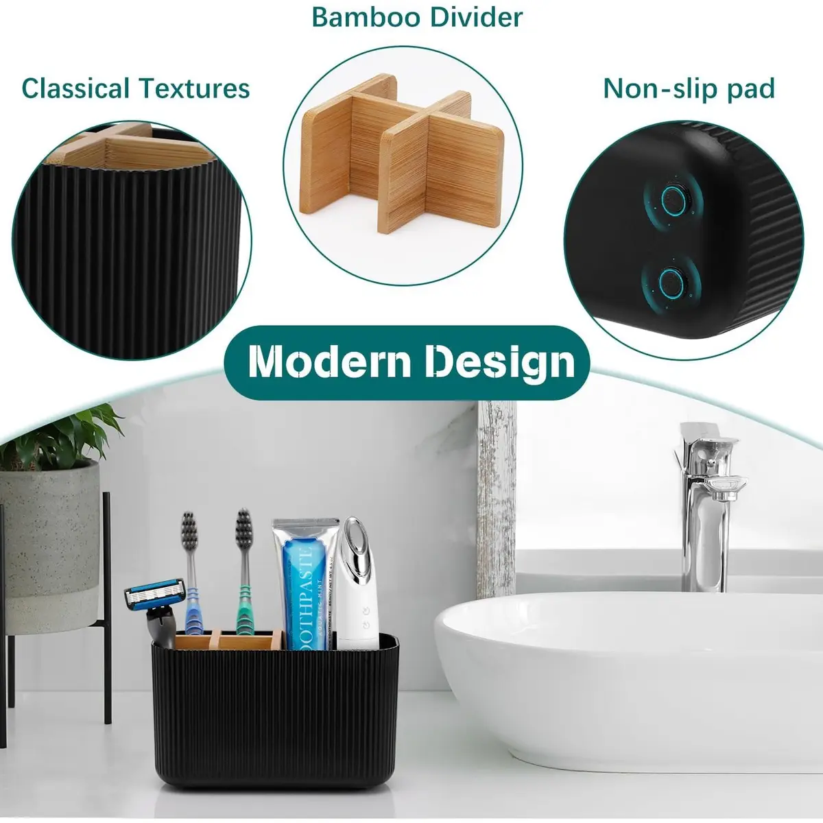GFWARE Black Toothbrush Holder 5 Slots | Bathroom Organizer Countertop 16.5cm (6.5") - view 3