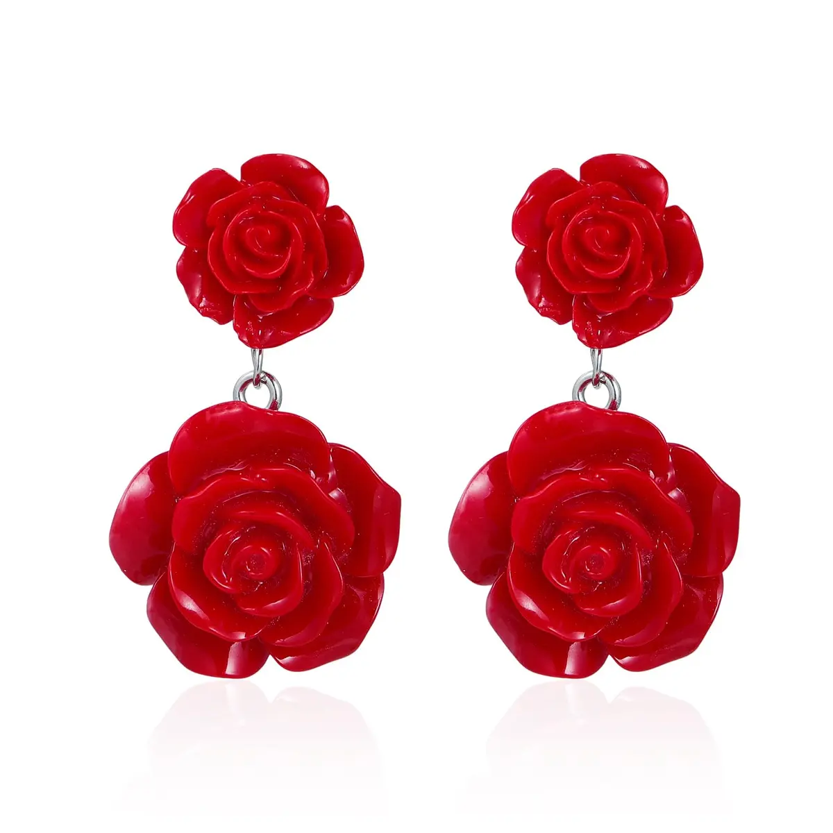 Caiyao Red Rose Flower Earrings Ring Vintage Enamel Dangle Jewelry for Women | Double Rose Design - main product image
