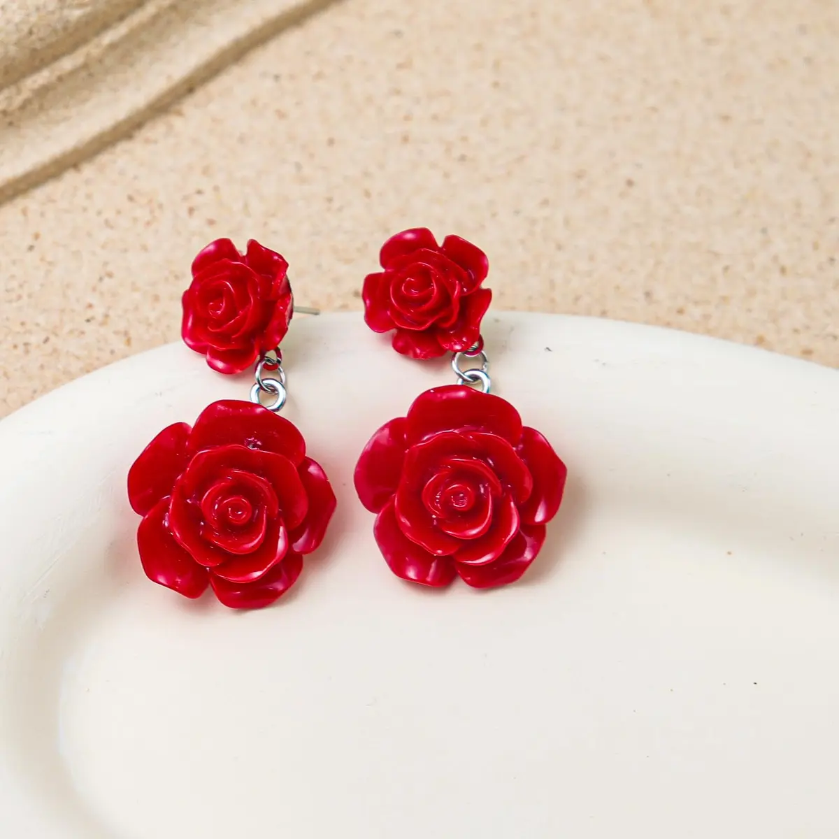 Caiyao Red Rose Flower Earrings Ring Vintage Enamel Dangle Jewelry for Women | Double Rose Design - view 2