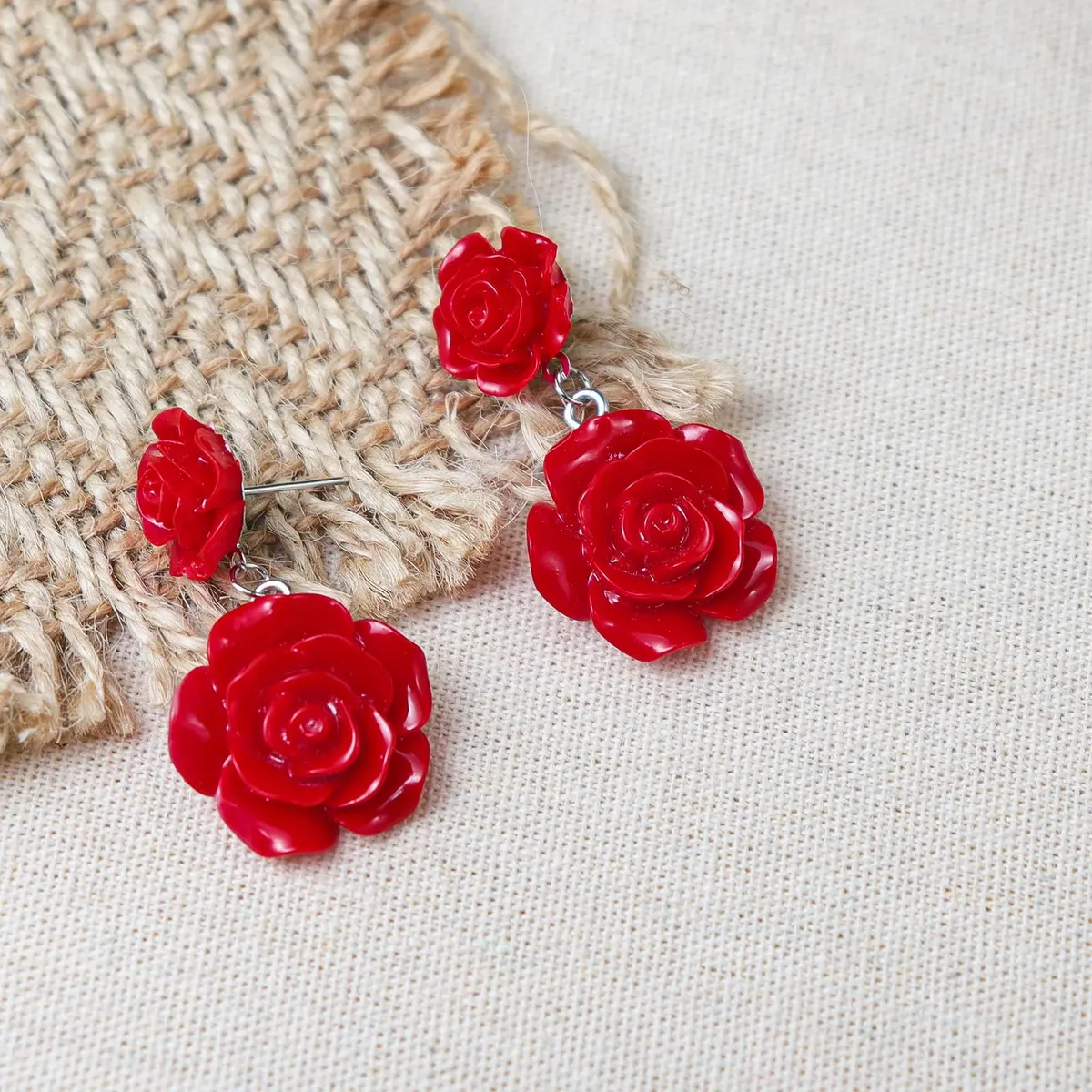 Caiyao Red Rose Flower Earrings Ring Vintage Enamel Dangle Jewelry for Women | Double Rose Design - view 3