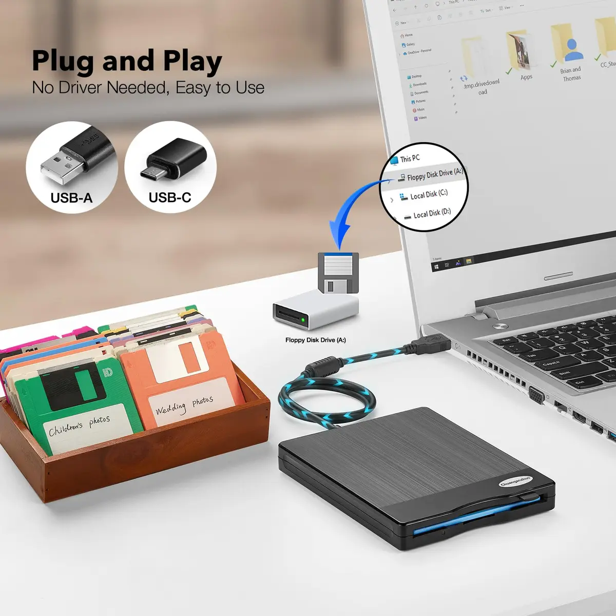 Chuanganzhuo 3.5 inch Floppy Disk Reader 1.44MB External USB Type A/C Drive | Plug-and-Play for Windows PCs - view 5