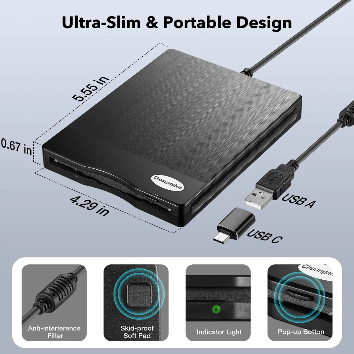 Chuanganzhuo 3.5 inch Floppy Disk Reader 1.44MB External USB Type A/C Drive | Plug-and-Play for Windows PCs - view 8