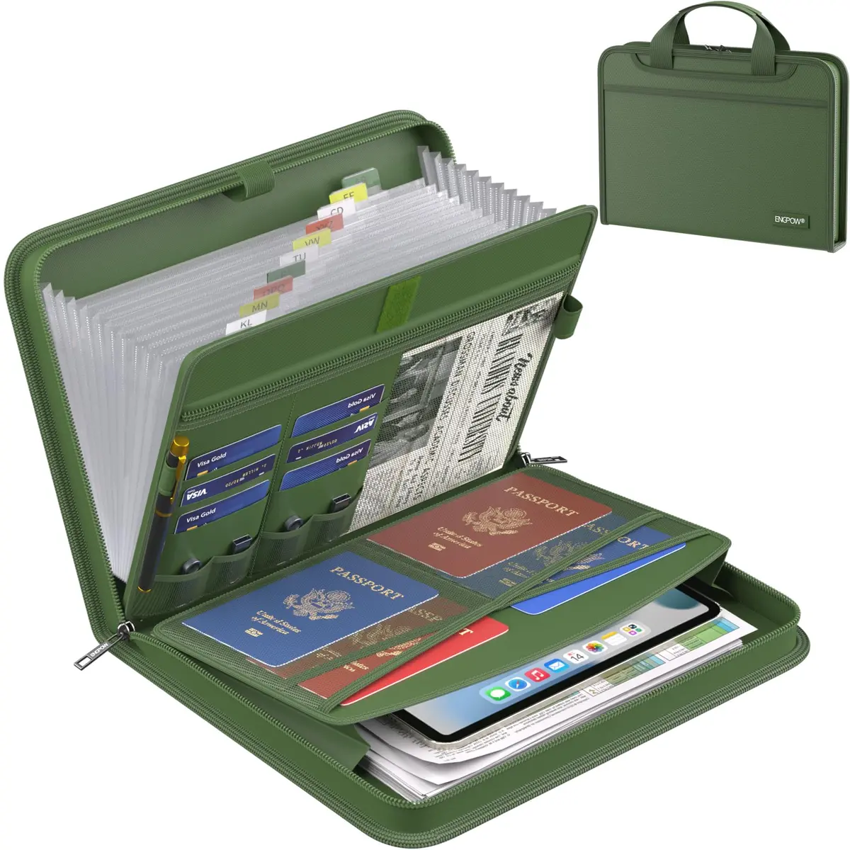 ENGPOW Fireproof Accordion File Organizer 14.2" x 10.4" x 2" | 13 Pockets with Handle & Labels - main product image