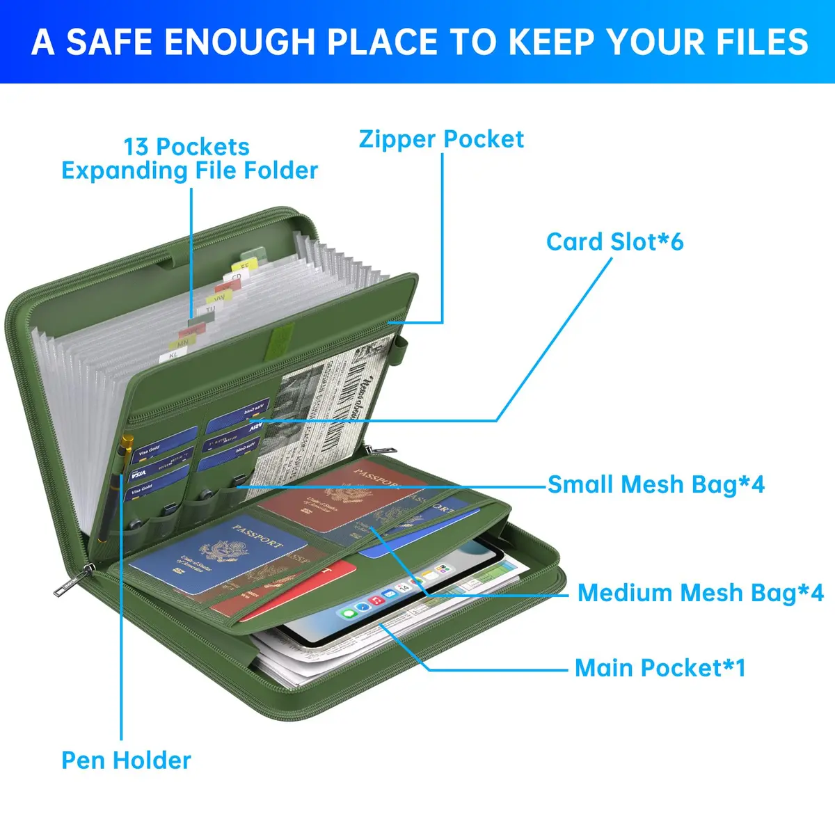 ENGPOW Fireproof Accordion File Organizer 14.2" x 10.4" x 2" | 13 Pockets with Handle & Labels - view 4