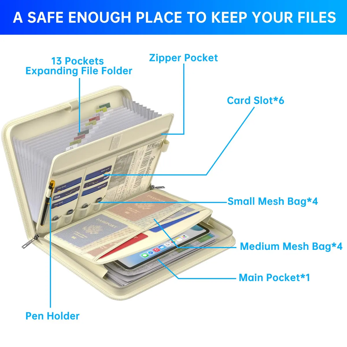 ENGPOW Fireproof Accordion File Organizer 14.2" x 10.4" x 2" | 13 Pockets Document Bag with Handle & Labels - view 4