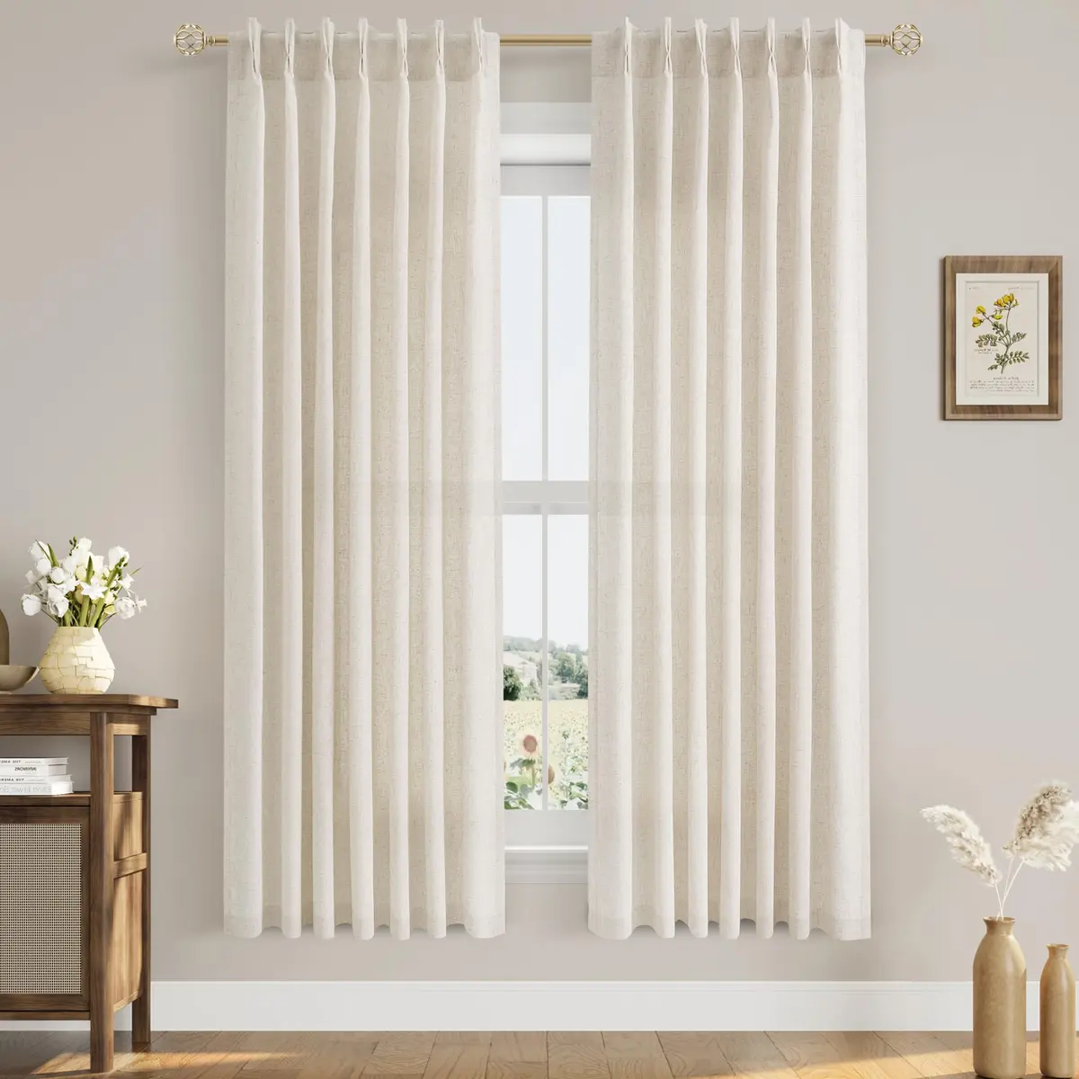 Aersas Cream Beige Linen Curtains 203cm (72 Inches) Long 2 Panels Set | Light Filtering Pinch Pleated Drapes for Living Room & Bedroom - view 6