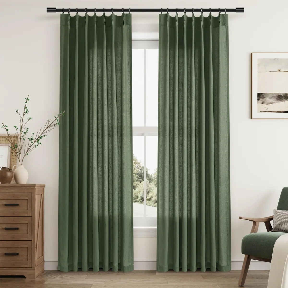 Aersas Olive Green Pinch Pleated Linen Curtains 84 Inches Long (2 Panels, 40"W x 84"L Each) | Light Filtering Boho Forest Hunter Moss Sheer Green Curtain - main product image