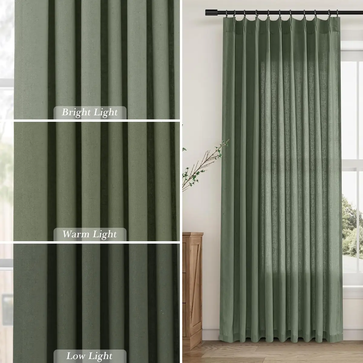 Aersas Olive Green Pinch Pleated Linen Curtains 84 Inches Long (2 Panels, 40"W x 84"L Each) | Light Filtering Boho Forest Hunter Moss Sheer Green Curtain - view 5