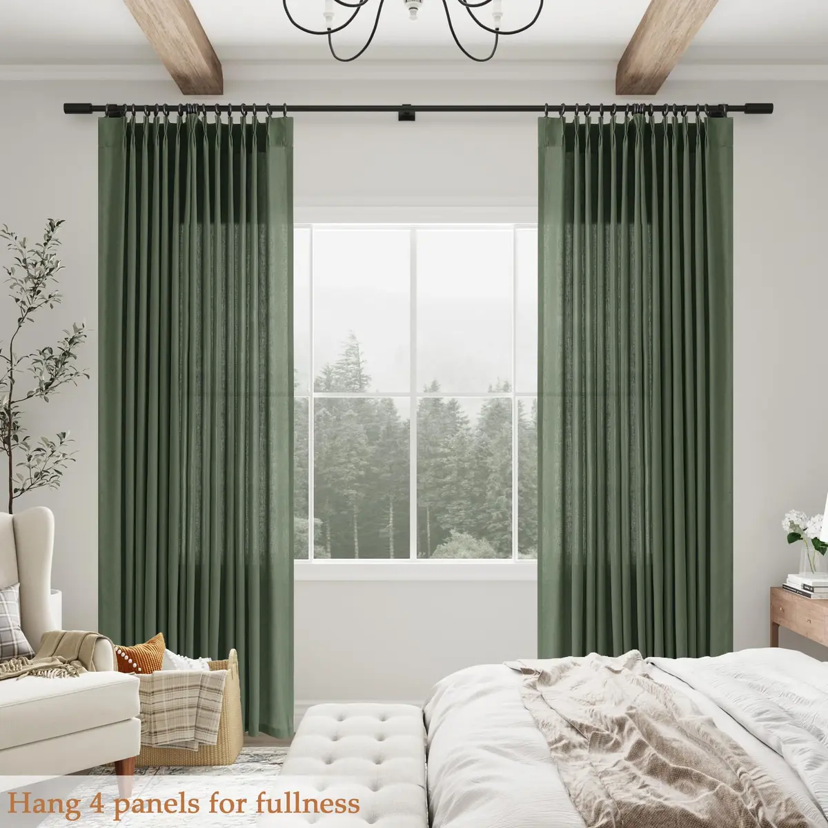 Aersas Olive Green Pinch Pleated Linen Curtains 84 Inches Long (2 Panels, 40"W x 84"L Each) | Light Filtering Boho Forest Hunter Moss Sheer Green Curtain - view 6