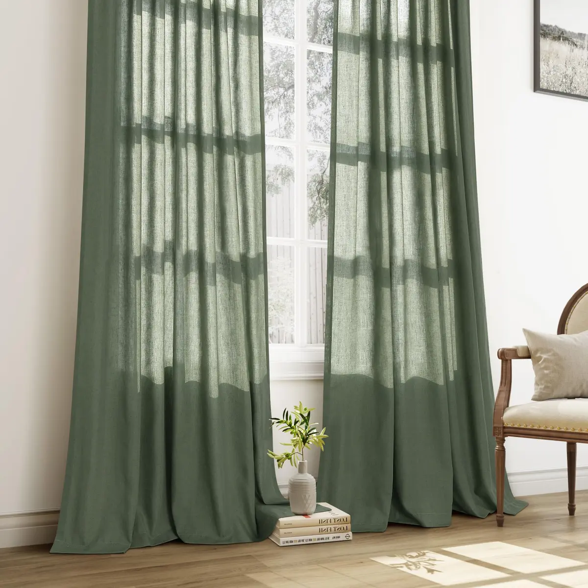 Aersas Olive Green Pinch Pleated Linen Curtains 84 Inches Long (2 Panels, 40"W x 84"L Each) | Light Filtering Boho Forest Hunter Moss Sheer Green Curtain - view 7