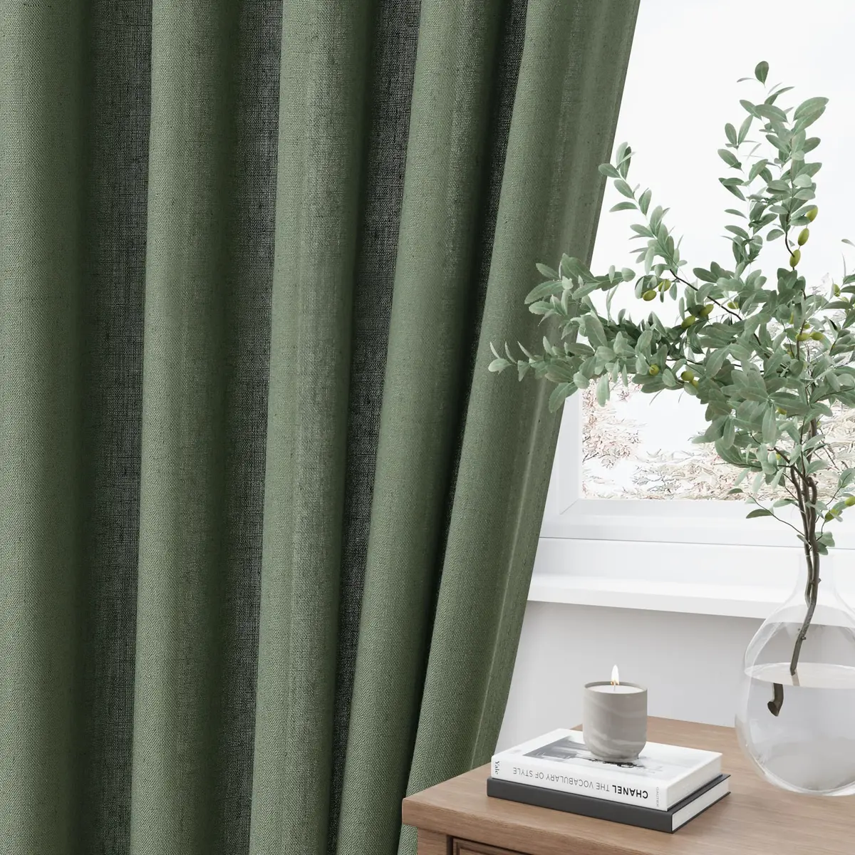 Aersas Olive Green Pinch Pleated Linen Curtains 84 Inches Long (2 Panels, 40"W x 84"L Each) | Light Filtering Boho Forest Hunter Moss Sheer Green Curtain - view 8