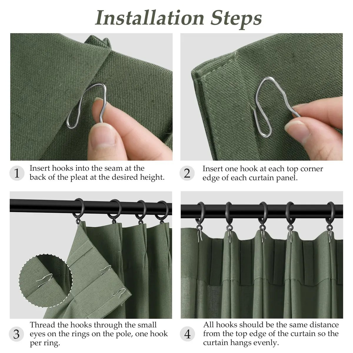 Aersas Olive Green Pinch Pleated Linen Curtains 84 Inches Long (2 Panels, 40"W x 84"L Each) | Light Filtering Boho Forest Hunter Moss Sheer Green Curtain - view 9