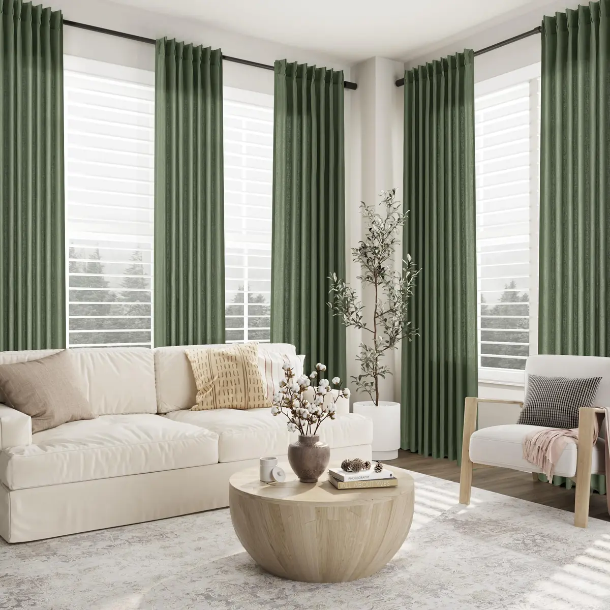 Aersas Olive Green Pinch Pleated Linen Curtains 84 Inches Long (2 Panels, 40"W x 84"L Each) | Light Filtering Boho Forest Hunter Moss Sheer Green Curtain - view 2