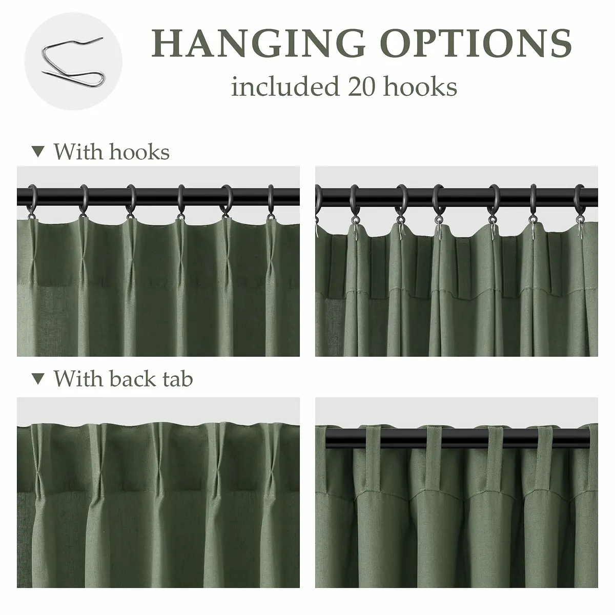 Aersas Olive Green Pinch Pleated Linen Curtains 84 Inches Long (2 Panels, 40"W x 84"L Each) | Light Filtering Boho Forest Hunter Moss Sheer Green Curtain - view 3
