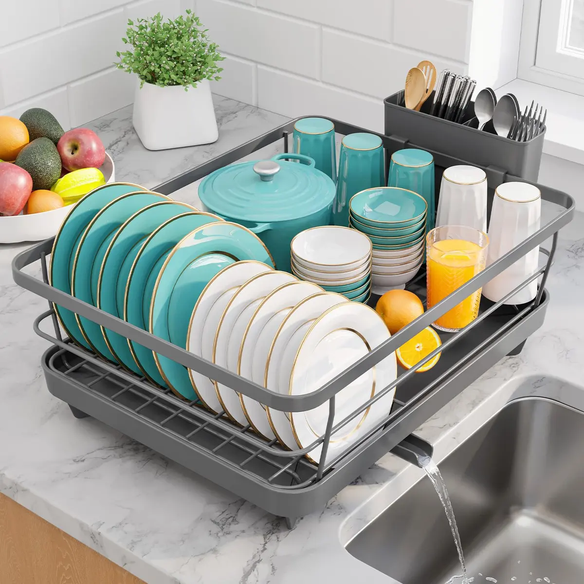 Sakugi Stainless Steel Dish Drying Rack for Kitchen Counter, Sink Organization and Storage Essentials with Silverware & Utensil Holder, 12"W x 15.6"L, Gray | Compact & Rustproof - main product image