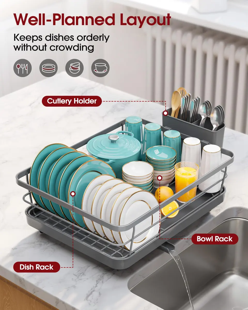 Sakugi Stainless Steel Dish Drying Rack for Kitchen Counter, Sink Organization and Storage Essentials with Silverware & Utensil Holder, 12"W x 15.6"L, Gray | Compact & Rustproof - view 2