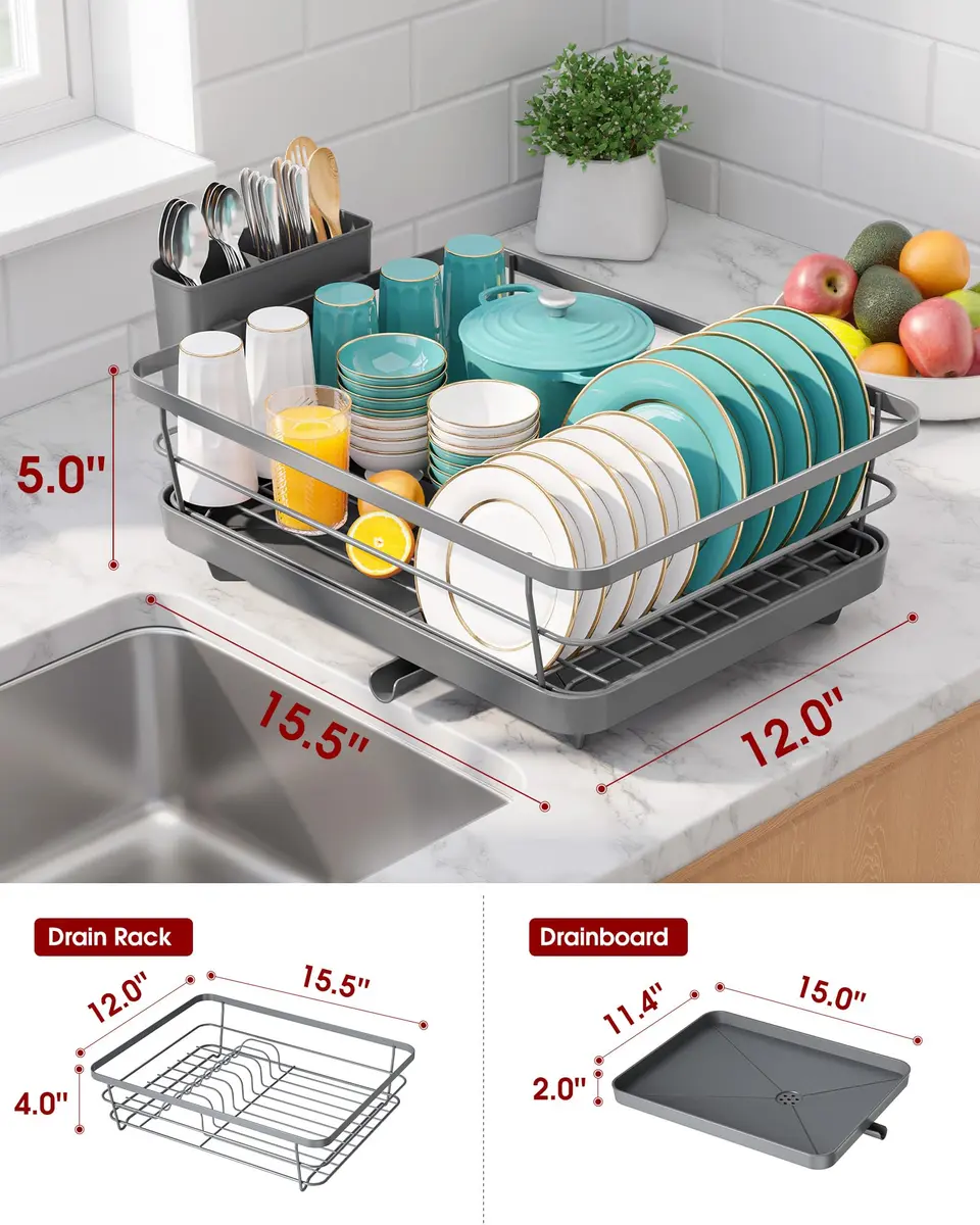 Sakugi Stainless Steel Dish Drying Rack for Kitchen Counter, Sink Organization and Storage Essentials with Silverware & Utensil Holder, 12"W x 15.6"L, Gray | Compact & Rustproof - view 3