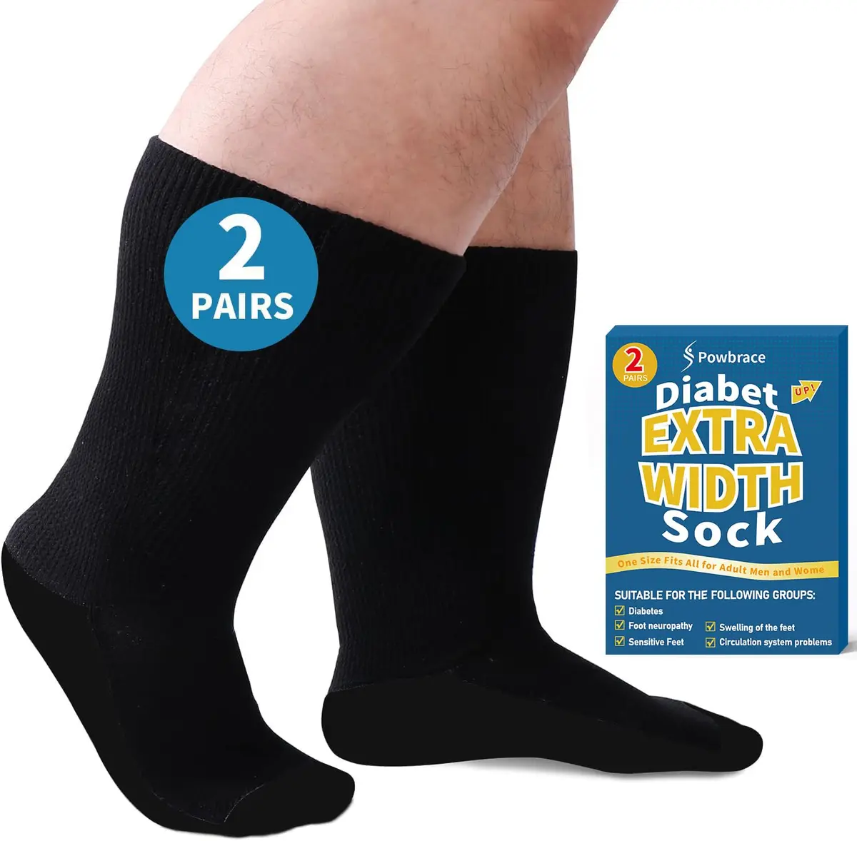 Powbrace Wide Diabetic Socks for Men Women Plus Size | Seamless Toe, Breathable, All-Black, 30-inch Stretch - main product image