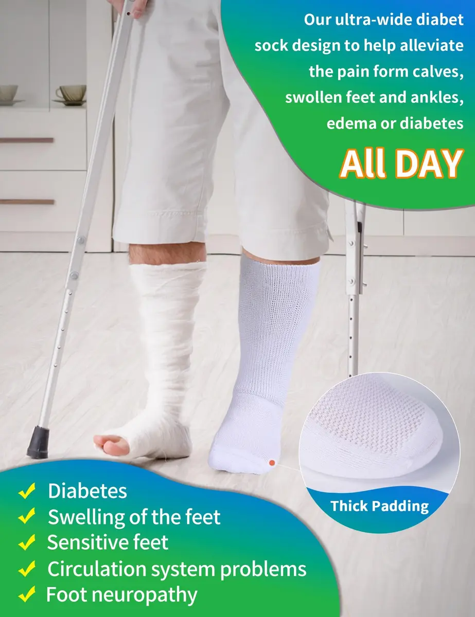 Powbrace Wide Diabetic Socks for Men Women Plus Size | Seamless Toe, Breathable, All-Black, 30-inch Stretch - view 5