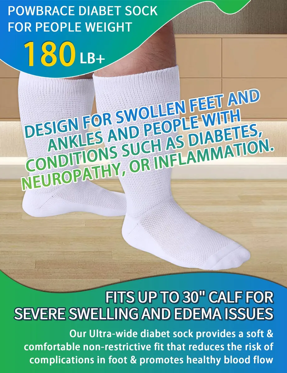 Powbrace Wide Diabetic Socks for Men Women Plus Size | Seamless Toe, Breathable, All-Black, 30-inch Stretch - view 2