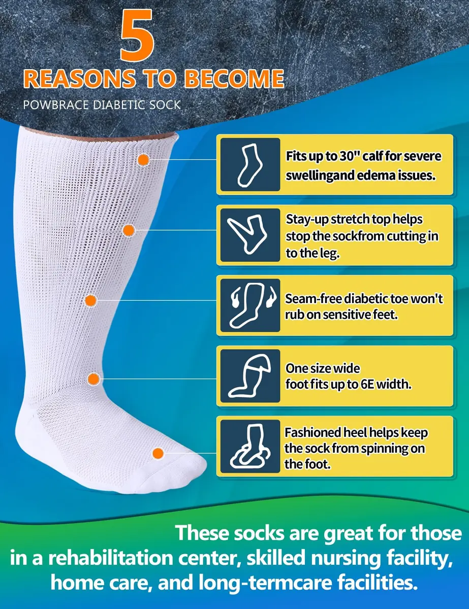 Powbrace Wide Diabetic Socks for Men Women Plus Size | Seamless Toe, Breathable, All-Black, 30-inch Stretch - view 3