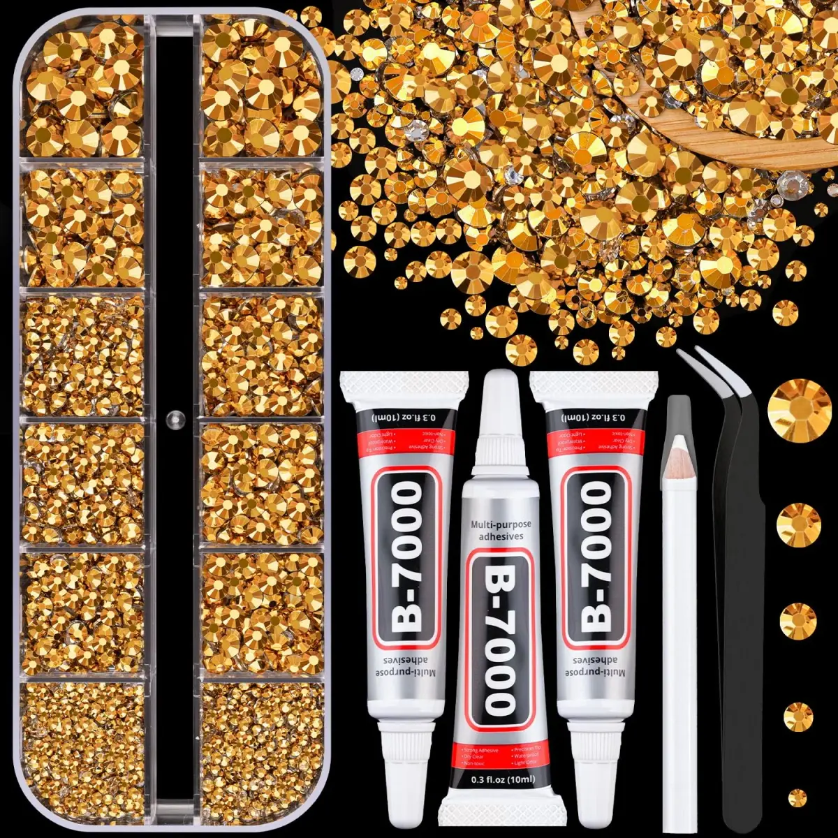 TINKRSTUFF Resin Jelly Rhinestones with B7000 Glue | Gold Flatback Crystals for Crafts & Nails (1 Box + 3x10ml Glue) - main product image