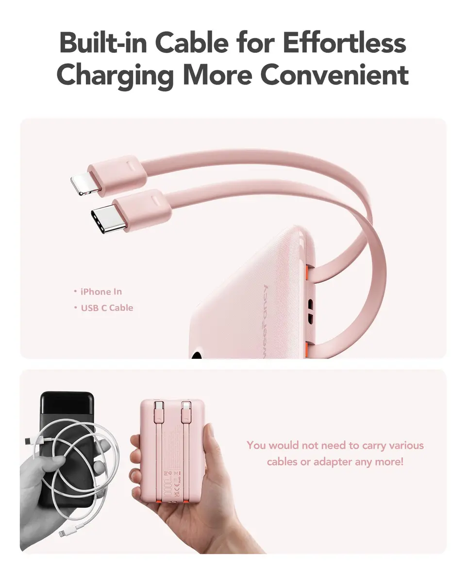 WeeFancy Compact Portable Charger 10000mAh with Built-in Cables | Fast Charging & TSA Approved - view 6