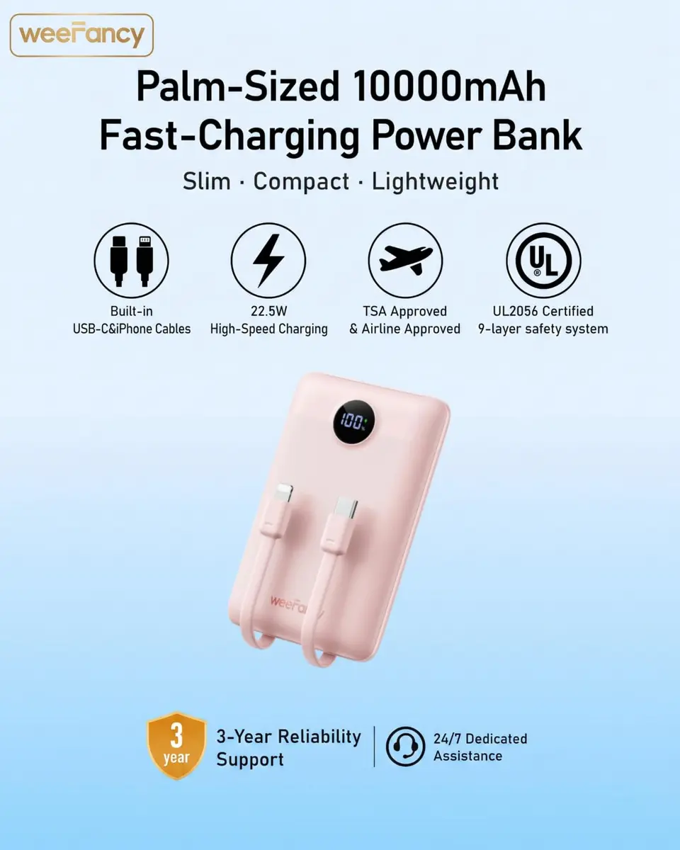 WeeFancy Compact Portable Charger 10000mAh with Built-in Cables | Fast Charging & TSA Approved - view 2