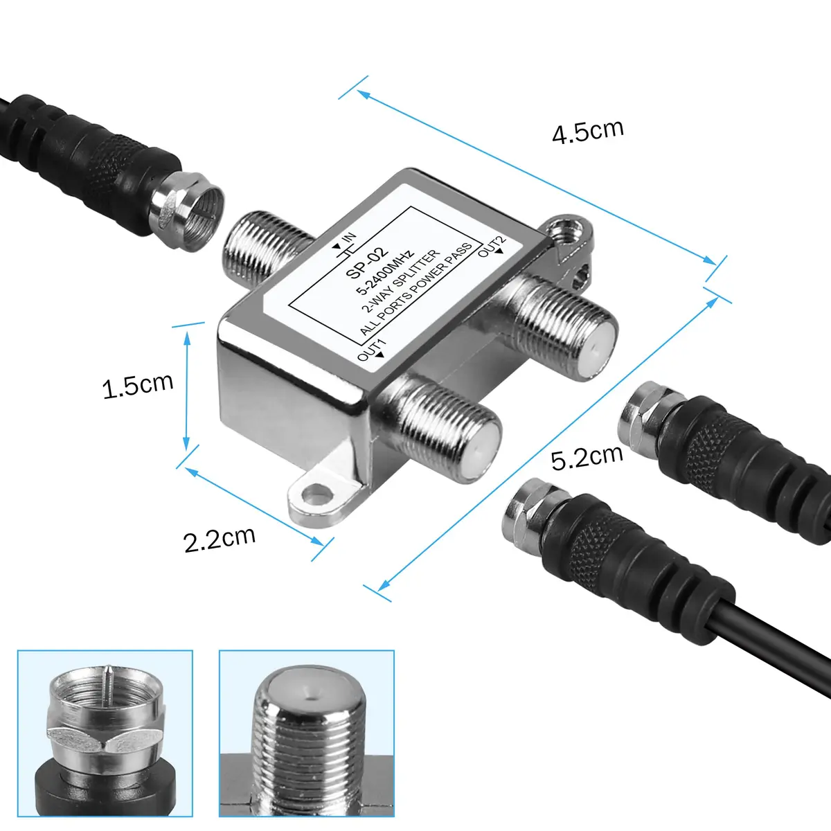 NEWCARE 2-Way Coaxial Cable Splitter for MoCA, 5-2400MHz, RG6 Compatible, 2-Pack Silver | Splits Digital Signal to 2 Devices - view 7