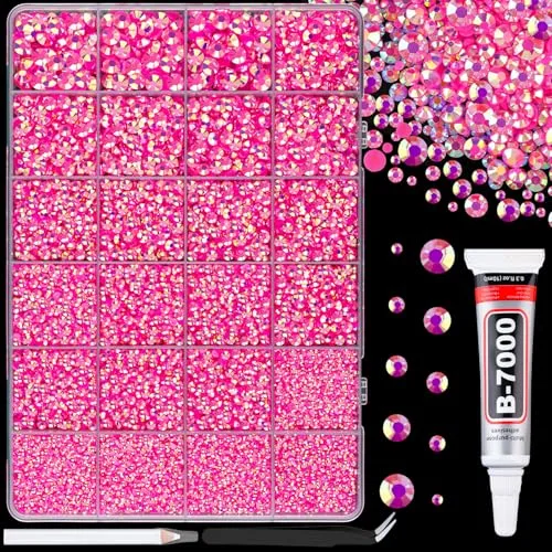 TINKRSTUFF Resin Jelly Rhinestones with B7000 Glue, Hot Pink AB Flatback Crystal Gems (Mixed Sizes) | DIY Craft & Nail Art Kit - main product image
