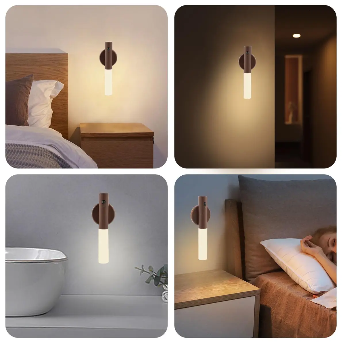 LANDGOO Motion Sensor Wall Sconce Rechargeable Night Light Warm White | Walnut Wood, PIR Sensor, Magnetic Mount - view 2
