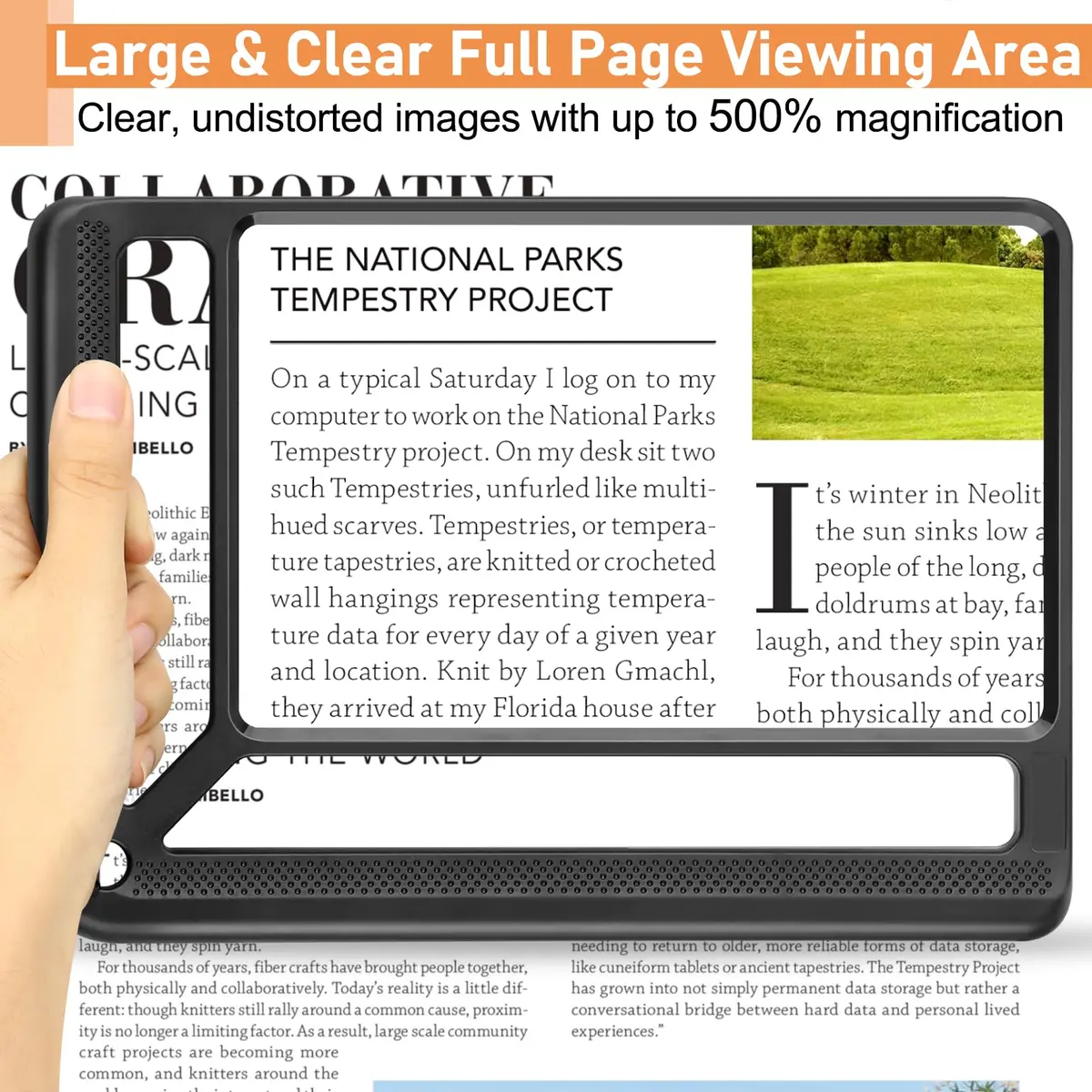 AKKYCVS 5X Full Page Magnifying Glass with Handle & Wrist Strap, 12.7cm x 17.8cm (5" x 7") Viewing Area | Lightweight Reading Aid for Seniors - view 2