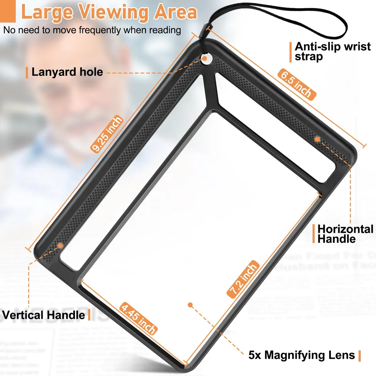 AKKYCVS 5X Full Page Magnifying Glass with Handle & Wrist Strap, 12.7cm x 17.8cm (5" x 7") Viewing Area | Lightweight Reading Aid for Seniors - view 4