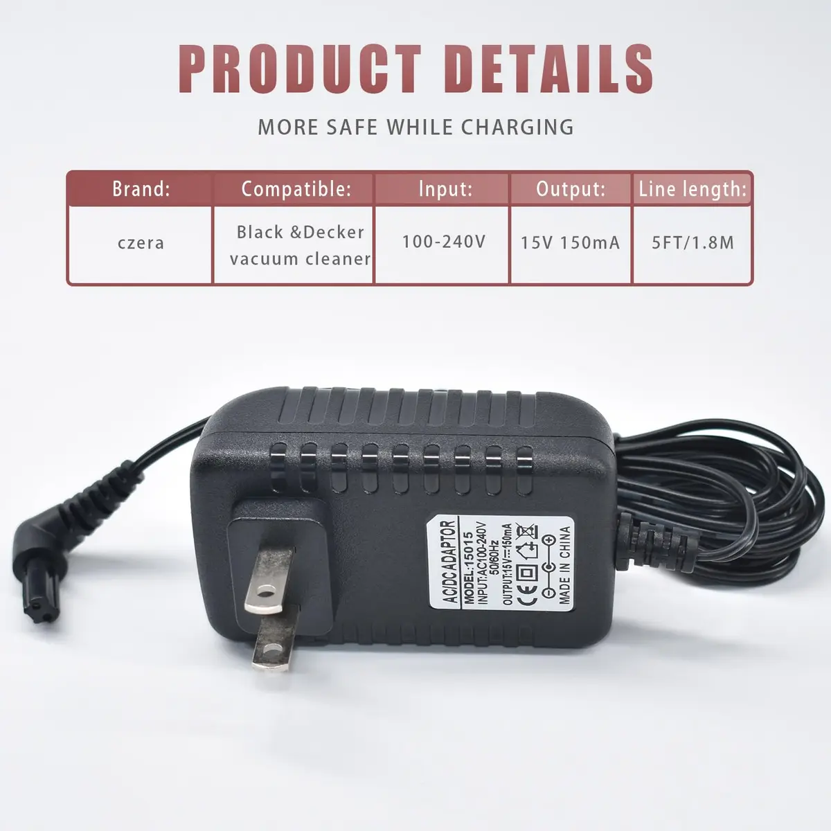 BOEEA 15V Charger for Black and Decker Dustbuster Handheld Vacuum HHVI315JO42 HHVI320JR02 HFVB320J27 HLVA320JS10 S003AQU1500015 Power Adapter, Black | 1.8m (6.5 ft) Cable - view 7