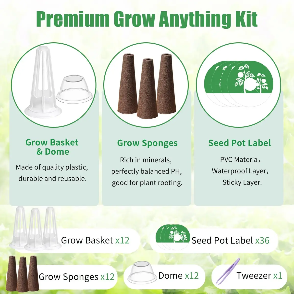 DRYADES Seed Pod Kit with 12 Grow Sponges, 12 Baskets, 12 Domes & 36 Labels | 72 Pcs Total - view 3