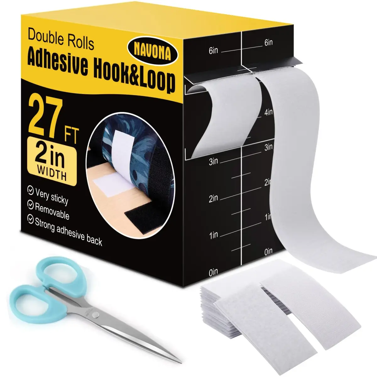 Navona Heavy Duty Hook and Loop Strips with Adhesive, 2 Inch x 54 Feet Total, White | Strong Sticky Back Fastener Roll for Home & Office - main product image